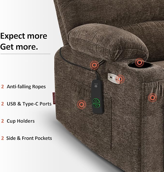 MCombo Oversized Power Lift Recliner Chair for Elderly, Lift Chair with Heat and Massage, Lift Recliner for Big and Tall, Cup Holders, USB & Type C Ports, Fabric R7092 (Mocha, Oversize)