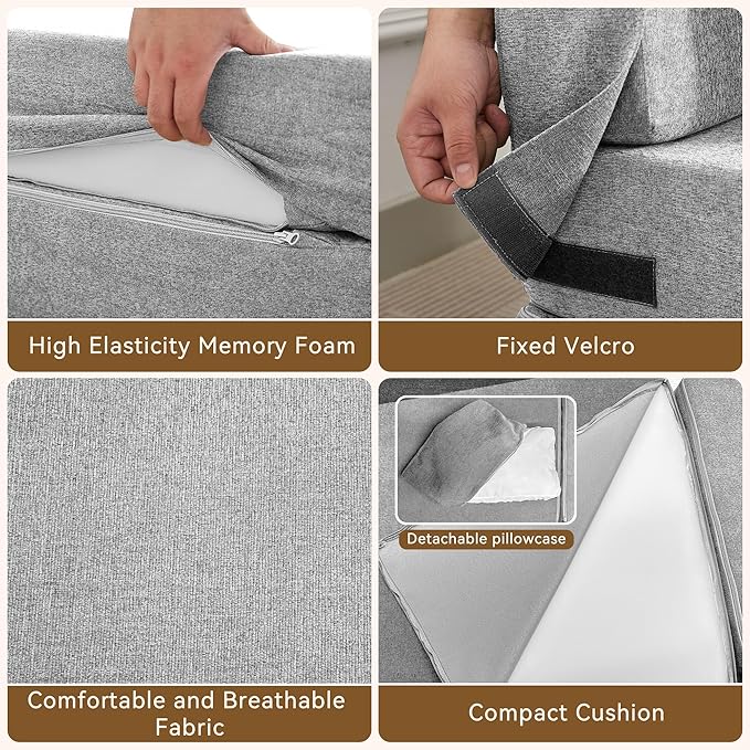 Folding Sofa Bed Convertible Floor Couch Foldable Chair Bed with Pillow，Linen Sleeper Chair Futon,Foldable Memory Foam Mattress for Bedroom/Living Room/Dorm/Office (Light Grey, Standard)