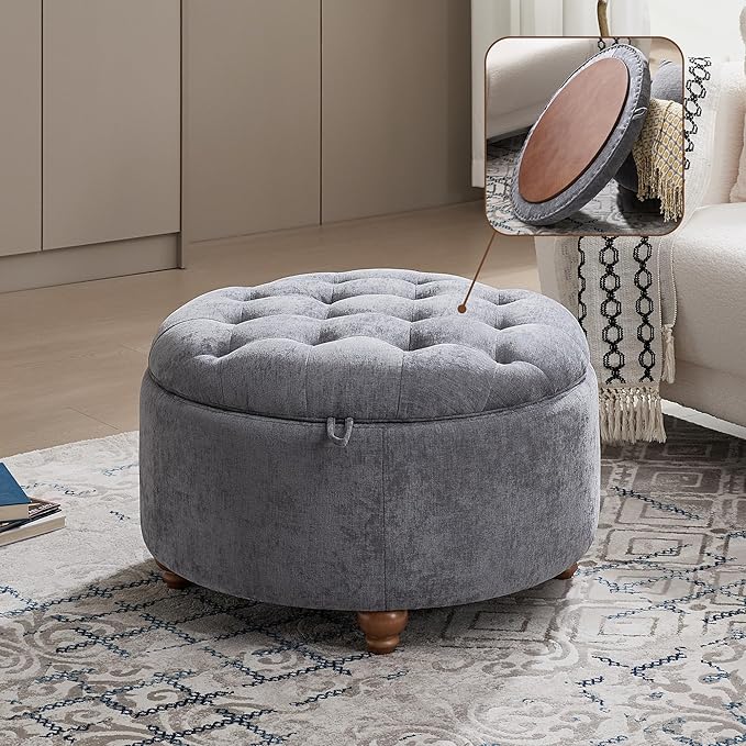 WUTUTUEE 30Inch Round Storage Ottoman with Tray, Modern Tufted Circle Coffee Table with Storage, Upholstered Ottoman with Removable Top for Living Room, Bedroom, Chenille Blue