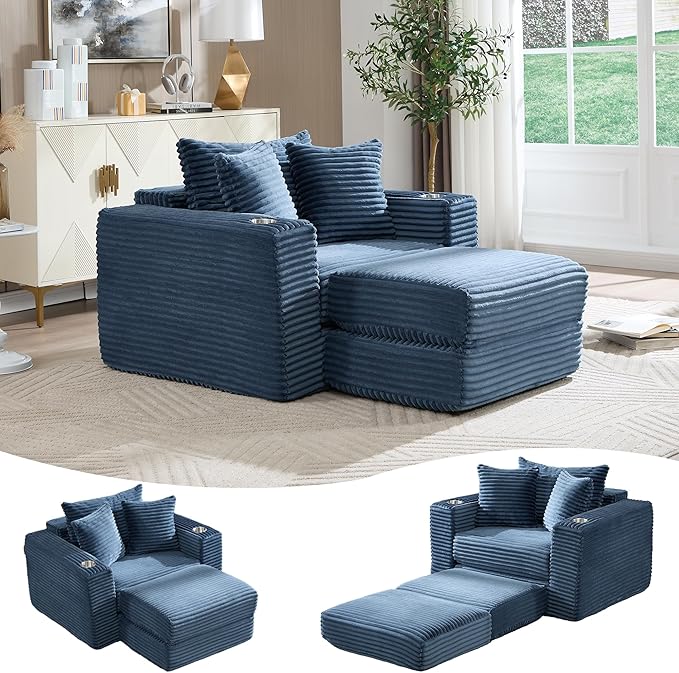 Boneless Chaise Lounge Chair Indoor, All-Foam Convertible Lounge Chair with No Frame, Wide Reclining Floor Lounger for Reading, Napping & Relaxation, No Assembly Needed (Blue)