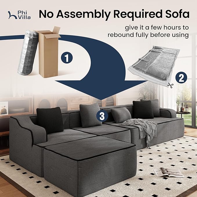 PHI VILLA Cloud Modular Couch, Boneless Sectional Sofa with U-Shaped Chaise, 7-Seater Couches with Movable Ottomans for Living Room, No Assembly Required, Corduroy, Grey