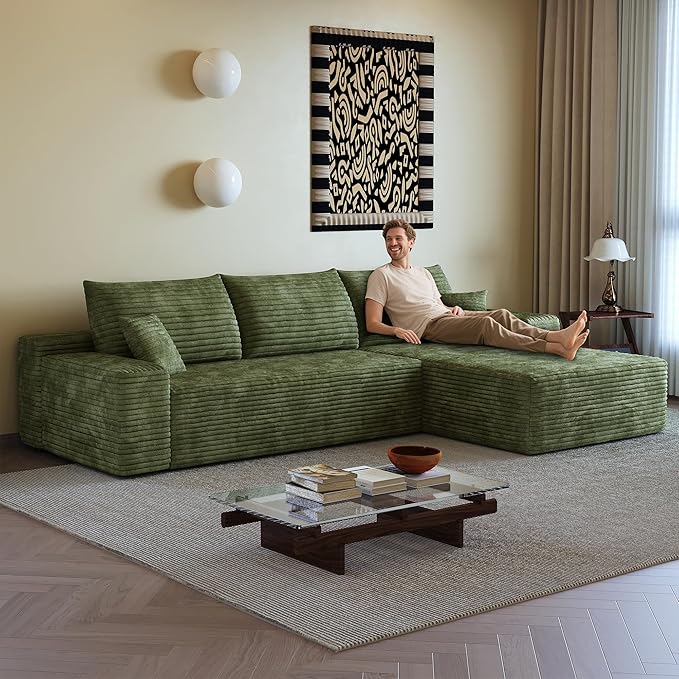 AUGOP 108" Sectional Couches for Living Room Modern Modular Sofa with L-Shape Couchs Upholstered Boneless Couch Deep Seat Sectional Couch with Chaise (Green, Right Facing Chaise+2Seaters)