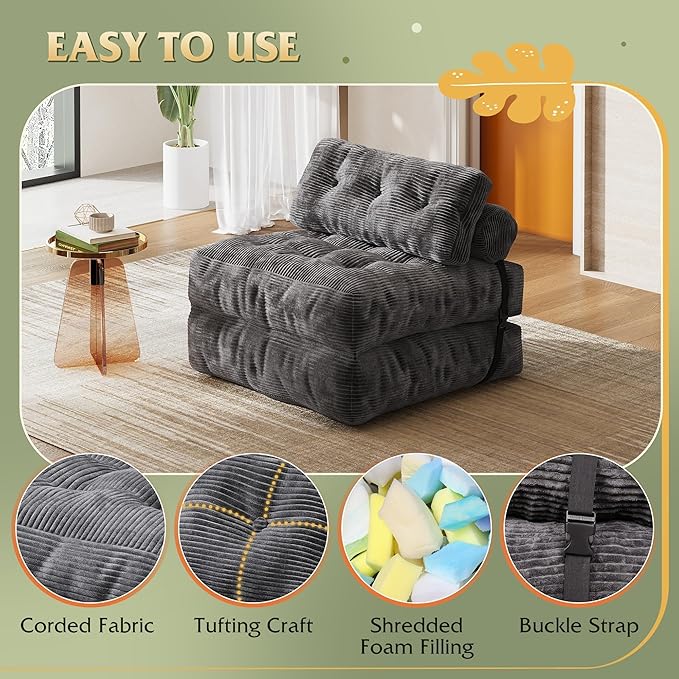 WLIVE Sofa Bed, Bonless Couch, Bean Bag Chairs for Adults, Pull Out Couch, with Pillow, for Living Room Dorm Bedroom, Dark Grey