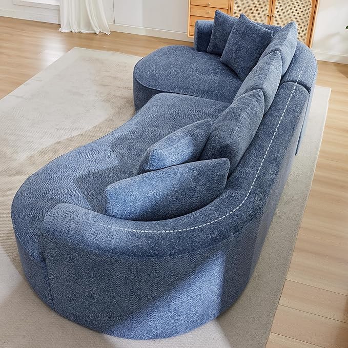 Opiesit 124" Oversized Boneless Couches for Living Room, Sectional Curved Sofa with 7 Pillows, L-Shape Boneless Couch with Deep Seat, High-Density Memory Foam, No Assembly Required, Chenille (Blue)