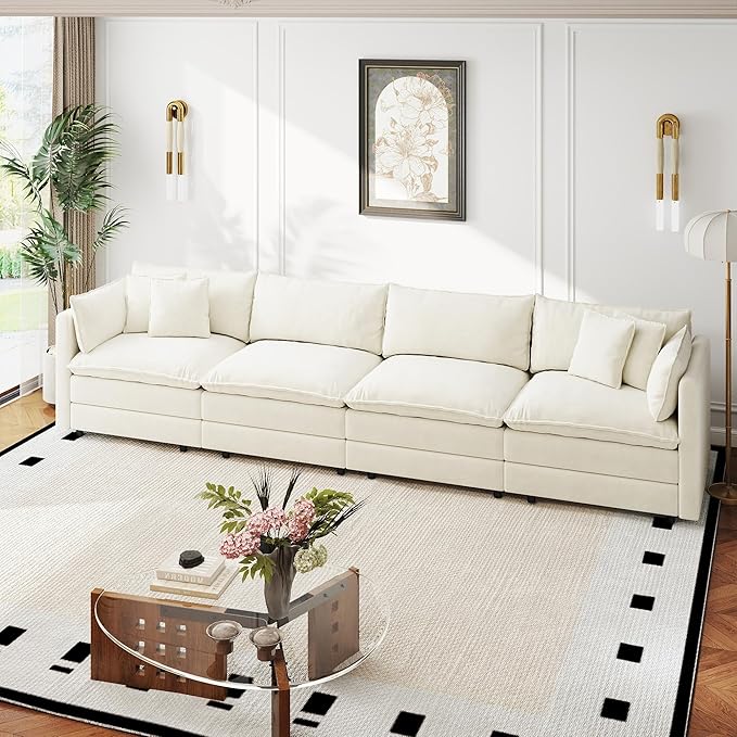 Aoowow Modular Sectional Sofa,147.2 Inch Deep 4-Seater Sofas Comfy Chenille Cloud Sofas and Couches with Pillows for Living Room Apartment（Beige）