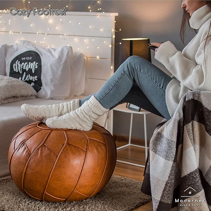 Moderner Faux Leather Pouf Unstuffed Ottoman Moroccan Footstool, Floor Footrest Cushion, Storage Solution - Natural Brown Color