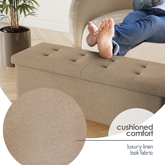 STORAGEBUD Storage Ottoman Bench with Bins, 43-in Storage Bench for Bedroom End of Bed, Folding Foot Rest Ottoman for Living Room Max 660lbs, Fabric Ottomans, Taupe