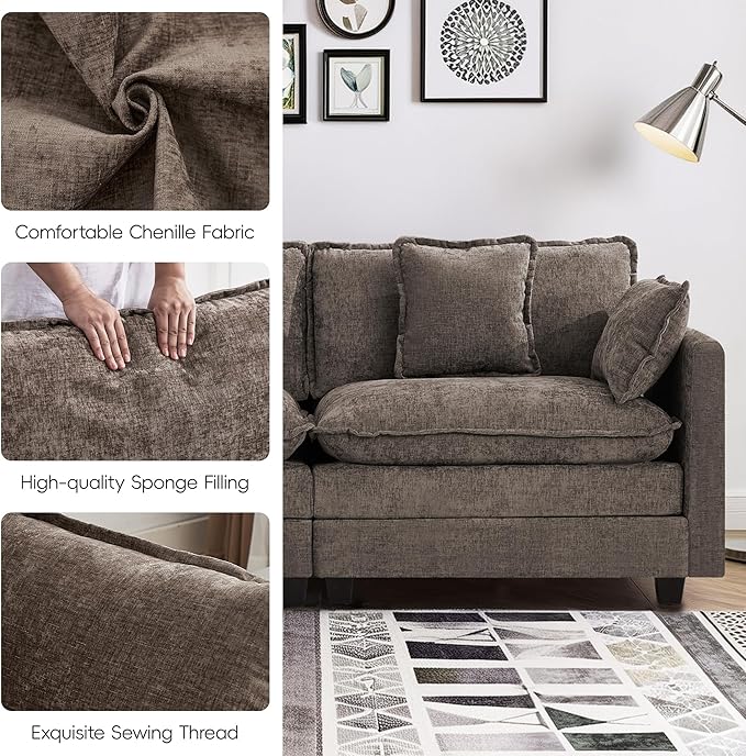 UMBFUN Cloud Couch Loveseat with Ottoman, Oversized Comfy Modular Sectional L Shaped Sofa with Deep Seat Cushions, Chenille 2-Seater Lounge Set for Living Room, Brown