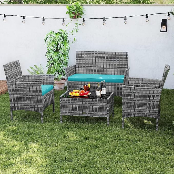 RELAX4LIFE 8-Piece Patio Furniture Set - Rattan Outdoor Conversation Bistro Set w/Cushions, Glass Coffee Table, Wicker Chairs & Loveseat for Pool Garden Backyard Porch Balcony (2, Mix Grey-Turquoise)