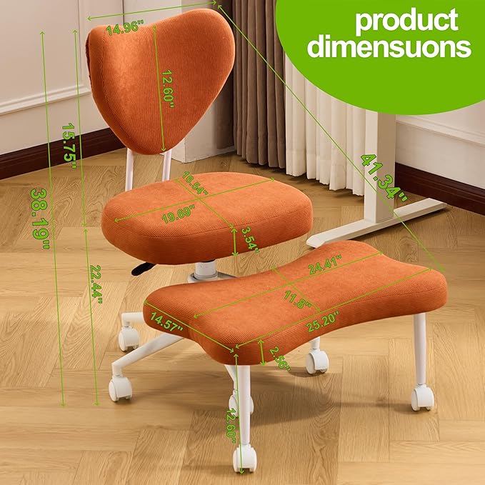 Meditation Chair with Lumbar Support, Ergonomic Floor Sitting Chair Adjustable Height, Cross Legged Chair for Office, Yoga & Mindfulness, Cushioned Seat with Wheels (Orange)