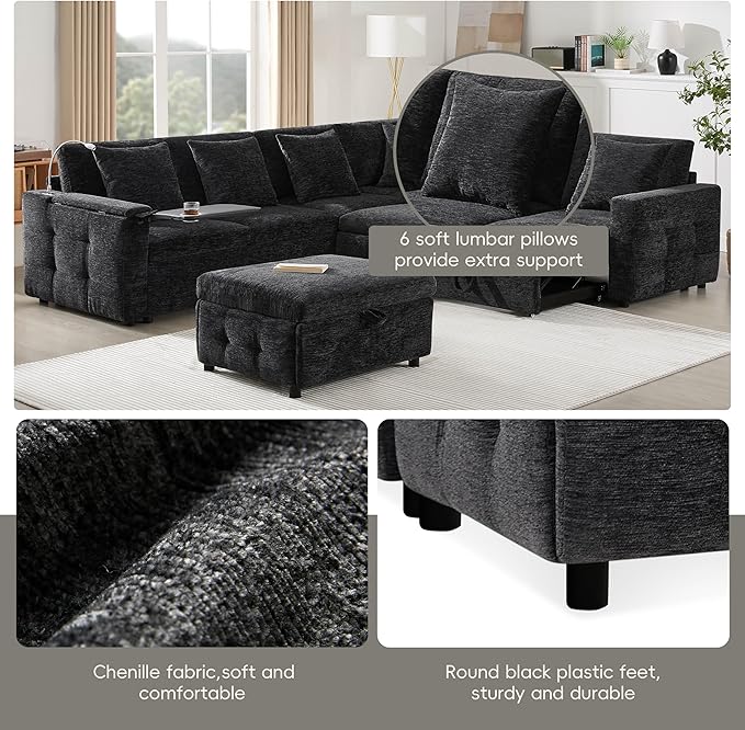Furnimart Oversized Modular Sectional Pull-Out Sofa with Flip-up Table Panel, Reading Lamp, Charging Ports, Movable Storage Ottoman, Tufted Design, 6 Pillows, Free Combination, Chenille Beige