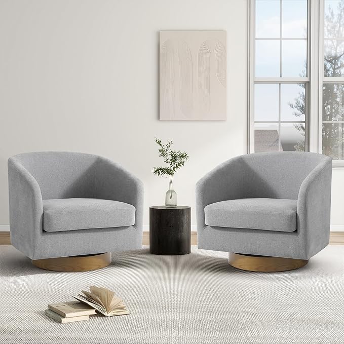 Swivel Barrel Chair, Modern Round PU Leather Accent Armchair for Living Room, Bedroom, Oversized Comfy Club Reading Chairs for Adults (Chenille Light Grey, Set of 2)