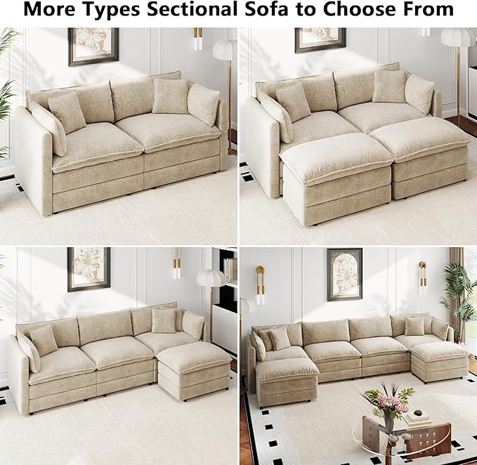 Aoowow Modular Sectional Sofa Modern Convertible Loveseat Couch,77.16 Inch Deep 2-Seater Sofas Comfy Chenille Cloud Sofas and Couches with Pillows for Living Room Apartment（Camel）