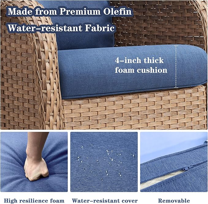 Belord Wicker Outdoor Furniture Patio Furniture Set - 6 Piece Patio Conversation Set with Swivel Rocker Chairs, Rattan Sofa, Ottomans and Coffee Table, Blue Cushion