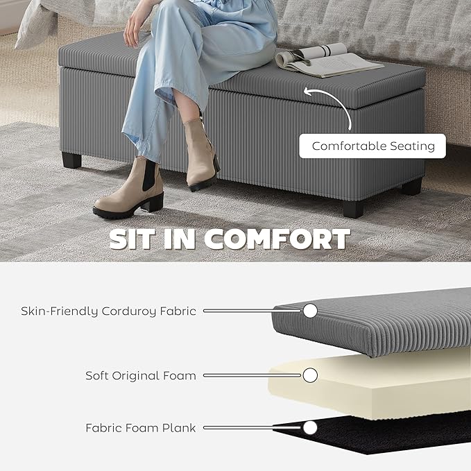 HOMCOM 44 Inches Storage Ottoman Bench, End of Bed Bench with Removable Lid, Legs, Corduroy Storage Chest Foot Rest, Padded Seat, for Living Room, Bedroom, Entryway, Gray