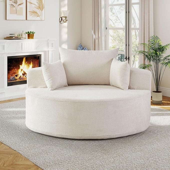 55"W Oversized Round Chair Lounge Chaise Indoor,Upholstered Comfy Circle Sofa Armchair,Modern Cozy Boneless Foam Floor Reading Chair for Living Room,Bedroom,No Assembly Required(Grid Chenille,Beige)
