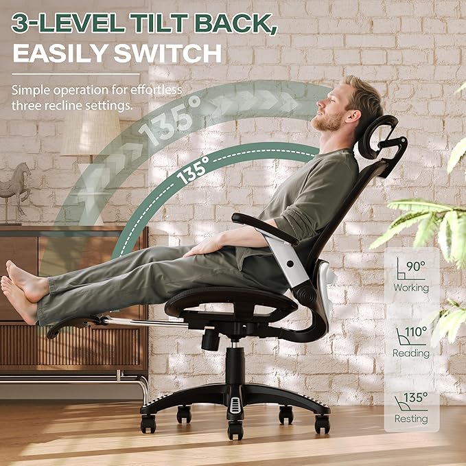GABRYLLY Ergonomic Office Chair with Footrest, High Back Home Desk Chair - 3D Headrest, Flip-Up Arms, 135° Tilt and Wide Cushion, Heavy Duty Mesh Chairs for Task Computer Gaming,GYB01-FT