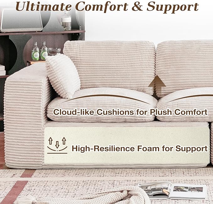 Esright 110" Oversized Sofa for Living Room, Cloud Boneless Couch with Fluffy Seat Cushions, 3 Seater Upholstered Floor Sofa, No Assembly Required, Beige