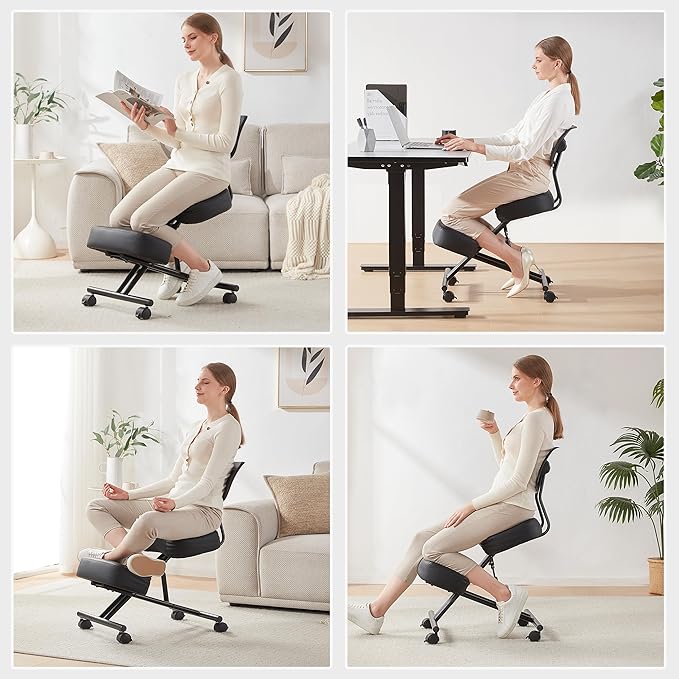 SOMEET Ergonomic Kneeling Chair, Modern Style, Kneeling Office Chair, Black Pu Kneeing Chair, Metal Frame, Foam Seat, 250 lbs Weight Capacity, Adjustable Height, Lockable Casters