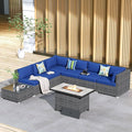 HOOOWOOO 8 Piece Patio Sectional Furniture Set with Fire Pit Table,Modern Wicker Outdoor Conversation Sofa Sets,Weather Resistant Modular L Shaped Outside Couch Set(Navy Blue)