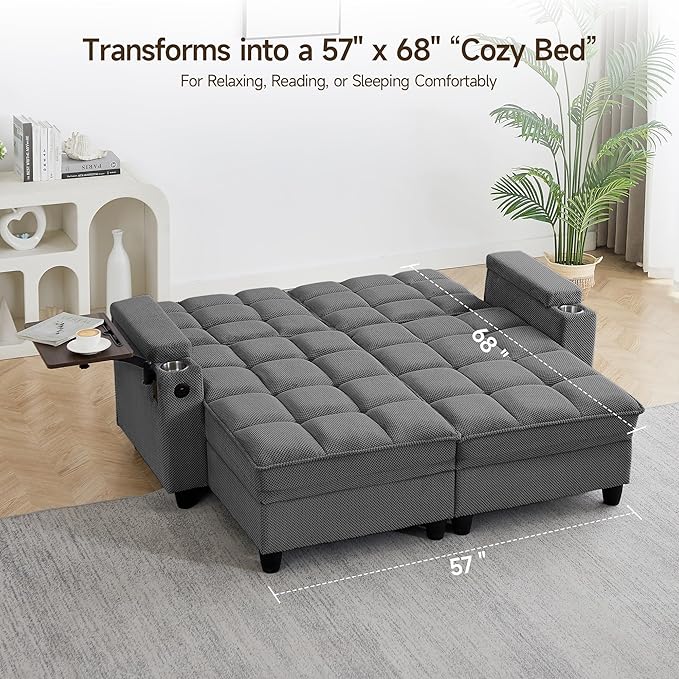 70.9'' Double Chaise Lounge with 360 degree rotatable side table, Comfy Corduroy Indoor Lounge Chair with Armrest Storage, Cup Holder, USB Port, and Pillow for Living Room or Bedroom (dark gray)