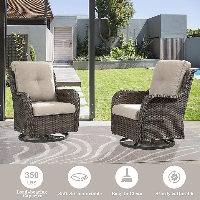 Belord Outdoor Wicker Furniture Patio Set - 7 Piece Backyard Furniture Brown Rattan Conversation Sets with Swivel Rocker Chairs, Rattan Sofa, Club Chairs and Coffee Table, Beige Cushion