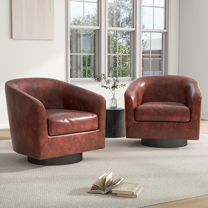 Swivel Barrel Chair, Modern Round PU Leather Accent Armchair for Living Room, Bedroom, Oversized Comfy Club Reading Chairs for Adults (Leather Red Brown, Set of 2)