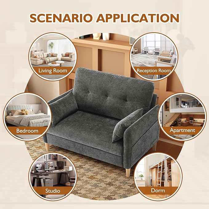 47" Small Sofa Couch for Bedroom, Soft Chenille loveseat Mini Couch with Throw Pillow and Removable Cushion Cover for Small Spaces, Living Room, Apartment, Dorm, Office(Dark Grey)