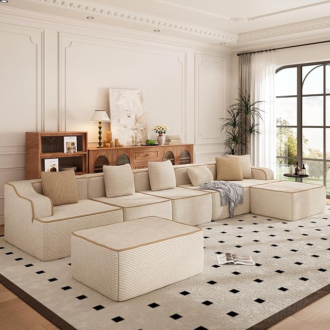 PHI VILLA Cloud Modular Couch, Boneless Sectional Sofa with U-Shaped Chaise, 7-Seater Couches with Movable Ottomans for Living Room, No Assembly Required, Corduroy, Beige