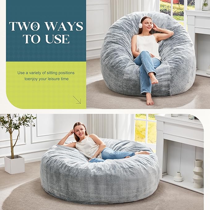 Hobestluk Bean Bag Chairs Giant Beanbag Chair with Filler, Memory Foam Bean Bags with Fluffy & Machine Washable Cover, Bean Bag Chairs for Aduts for Living Room, Bedroom (Grey, 5FT - 50” x 50” x 24”)