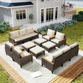 Xmkmvk 14 Piece Patio Sectional Sofa Furniture Set, All-Weather Wicker Rattan Outdoor Conversation Set with High Back and Thick Cushions, for Garden, Porch, Poolside, Beige