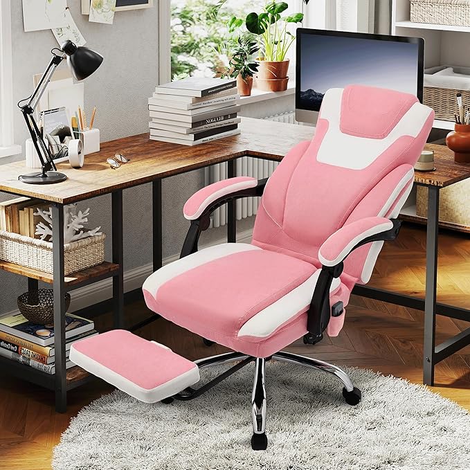 Massage Office Chair with Footrest,6-Point Vibration and Heat Executive Office Chairs,Ergonomic Desk Chair for Heavy People,500LBS Big and Tall Fabric Office Chair,Reclining Managerial Chair,Pinkwhite