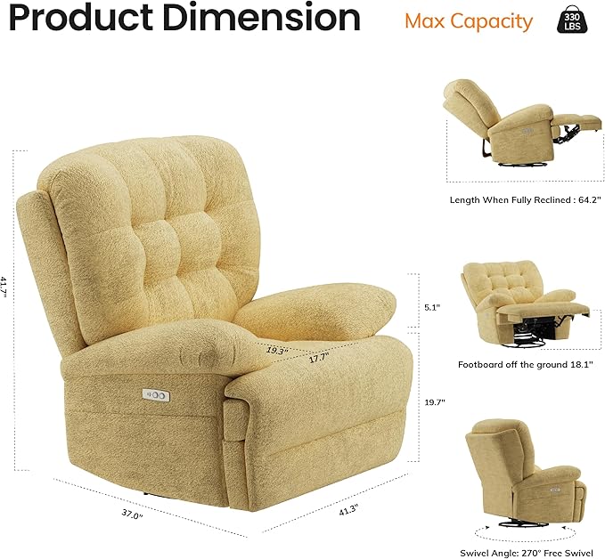 COLAMY Floren Power Swivel Recliner Chair with USB & Type-c Charge,Oversized and Padded Upholstered Deep Seat and Armrest，Rocking Recliner with Double Storage Pockets,Yellow