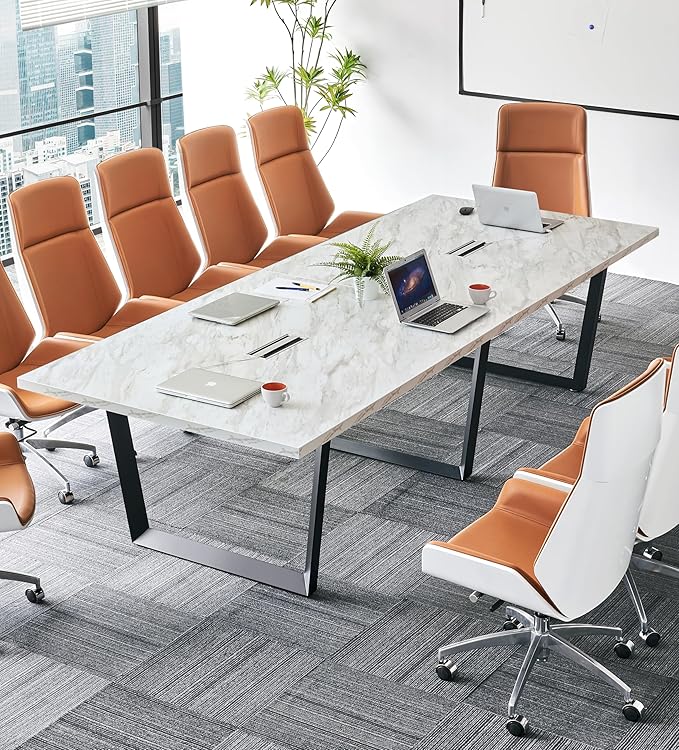 ahliss Sturdy Conference Table with Cable Management Grommets Modern Rectangle Office Meeting Table with Wood Tabletop and Metal Frame & Legs- Easy Assembly Boardroom Table (White Marble, 10 Foot)