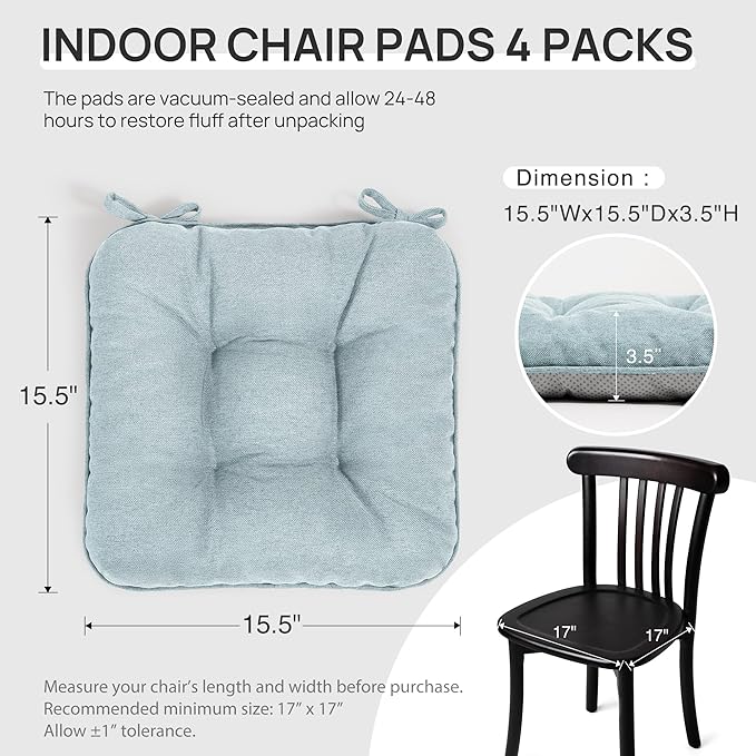 Love's cabin Memory Foam Chair Cushions Set of 4, Outdoor/Indoor Chair Pads for Dining Chairs 4 Pack, Seat Cushions for Kitchen, Dining Room, Office, Patio Chairs, 15.5"x15.5"x3.5" Light Blue