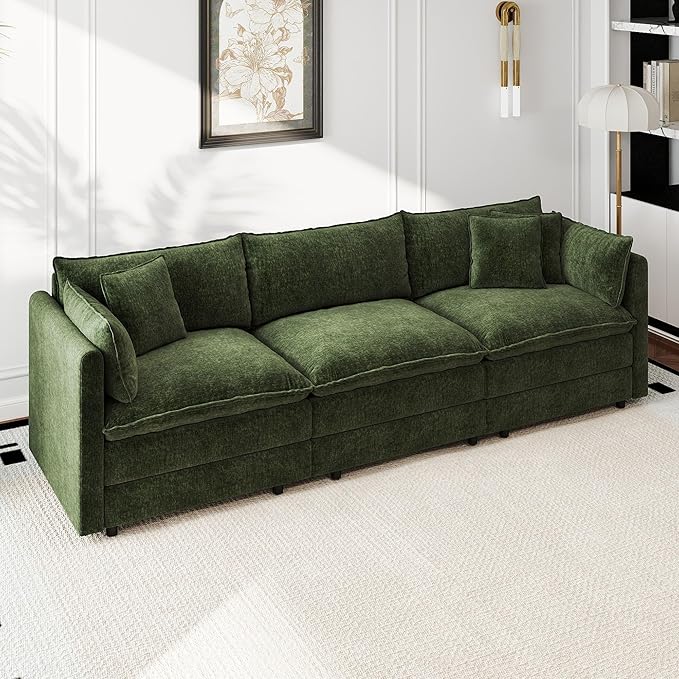 Aoowow Modular Sectional Sofa,112.2 Inch Deep 3-Seater Sofas Comfy Chenille Cloud Sofas and Couches with Pillows for Living Room Apartment（Green）