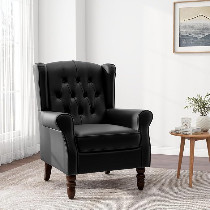 DREAMSIDEA Accent Chair, Upholstered Armchair with Button Tufted High Back & Solid Wood Legs, Comfy Wingback Reading Single Sofa Chair for Small Spaces, Living Room, Bedroom (Leather Black, Set of 1)