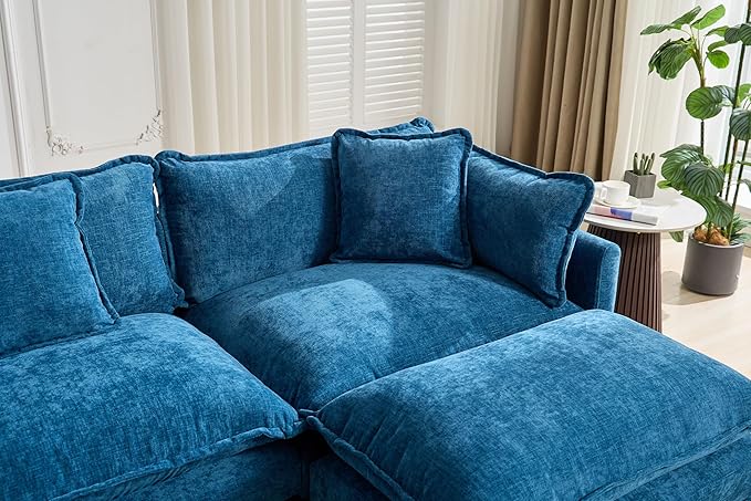 SoarFlash 113.78" Chenille Sectional Sofa, Comfy U Shaped Modular Coush Sofa with Ottoman, Modern 4 Seat Couch Deep Seat Sofa Set for Living Room,Blue