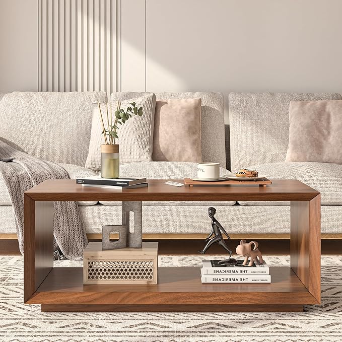 Coffee Table with Storage, Mid Century Modern, Rectangle Cocktail Tea Table, Farmhouse Wood Coffee Table for Living Room, Home Office (Walnut)