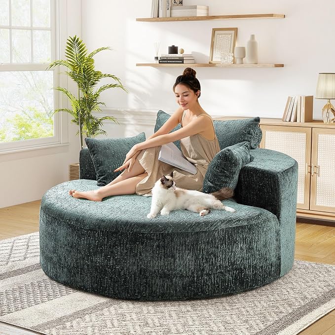 JEEOHEY Modern Round Accent Sofa Chair for Living Room, Upholstered Chenille Barrel Lounge Arm Chair with Large seat&Throw Pillows for Bedroom, Office, Apartment, Green