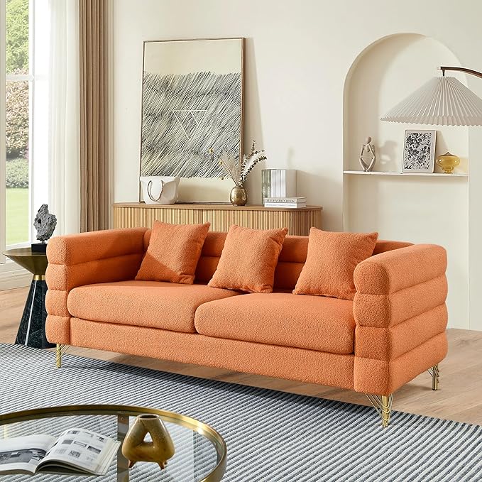 mikibama Modern Teddy Sectional Sofa, 81 Inch Oversized Sofa Couch, Luxury 3 Seater Deep Couch with 3 Pillows and Gold Metal Legs for Living Room, Bedroom, Apartment (Orange)