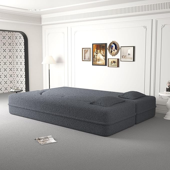 SZLIZCCC 78'' Modern Floor Sofa Bed, Convertible Teddy Fabric Sleeper with 2 Pillows, Modern Teddy Fabric Floor, Foam Folding Mattress for Living Room, Guest Bed, Playroom & Small Spaces (Grey)