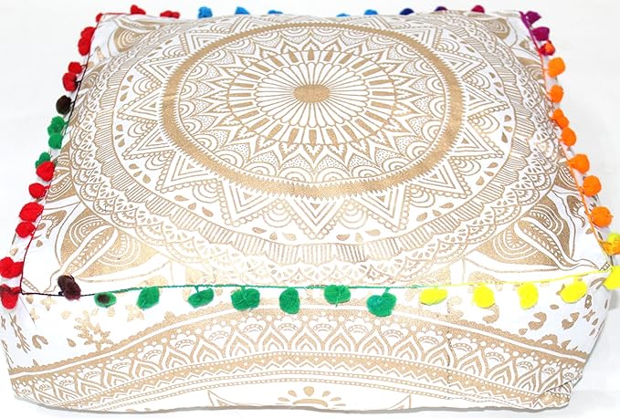 CRAFT KALA Gold Large Hippie Mandala Meditation Floor Ottoman Pillow Cushion Pouf Cover Square Poufs Bohemian Circle Floor Cushion Case Outdoor Fireplace Yoga Living Room Decor Cover 18" Square