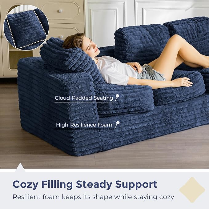MAXYOYO 3-Seater Boneless Sofa Couch, Modern Faux Fur Sofa for Living Room, Soft Bean Bag Chair High-Density Foam Couch with Pillows, No Assembly Required