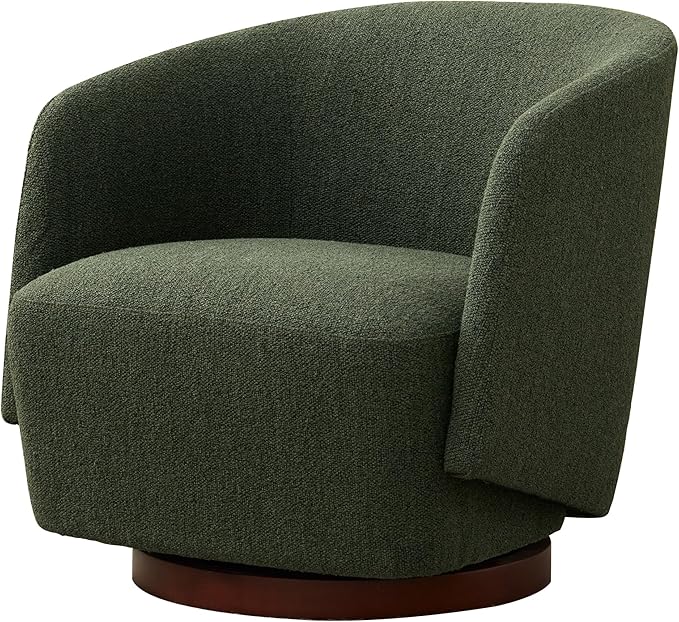 Boucle Swivel Accent Chair, No Assembly Upholstered Armchair with Rubberwood Base, 360° Rotating Barrel Chair for Living Room, Bedroom, Apartment & Reading Nook (1, Green)