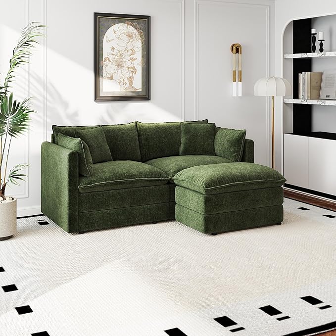Aoowow Modular Sectional Sofa Modern Convertible Loveseat Couch,77.16 Inch Deep 2-Seater Sofas Comfy Chenille Cloud Sofas and Couches Set with Movable Ottoman for Living Room Apartment（Green）