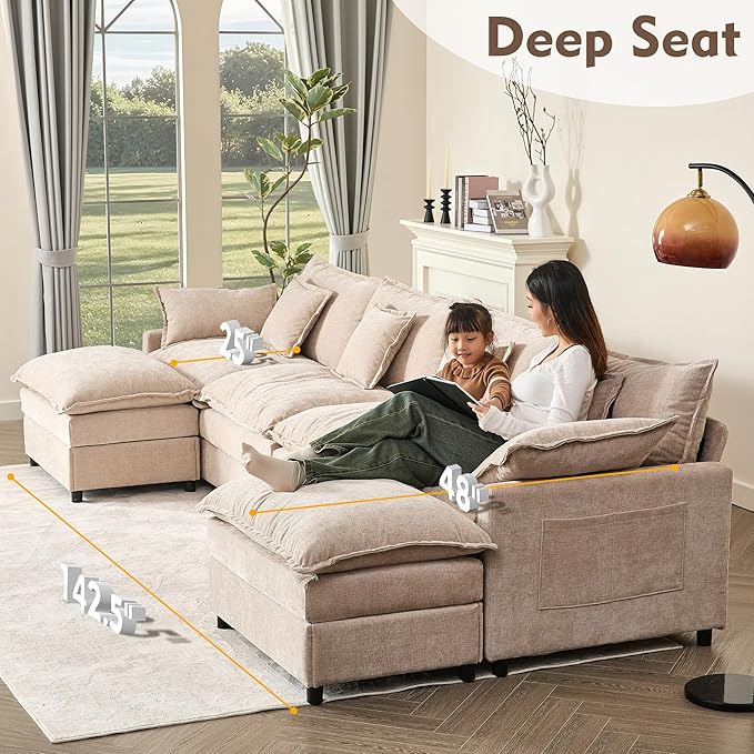 GOSUHI 142.5" U Shaped Couch, Modular Sectional Sofa, 3-Seater Comfy Cloud Couch with Movable Ottoman, Deep Seat Couches for Living Room, Chenille, Flat White