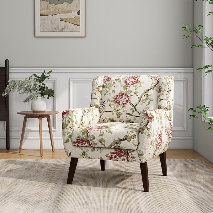 DREAMSIDEA Accent Chair, Modern Linen Blend Arm Chair for Living Room, Bedroom, Comfy High-Resilient Sponge Reading Chair for Small Spaces (Pattern Red Floral, Set of 1)
