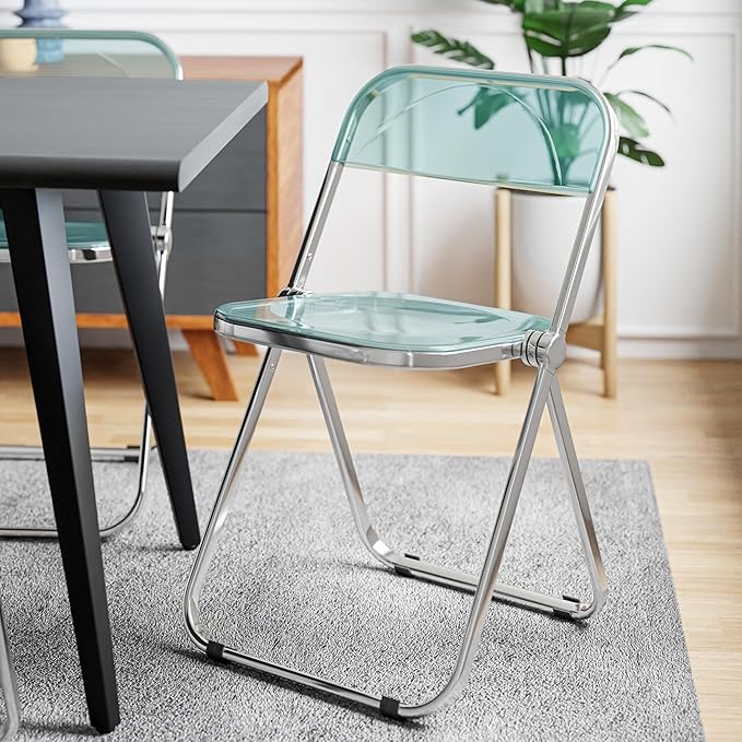 LeisureMod Lawrence Modern Clear Acrylic Folding Chair with Metal Frame, Space-Saving Transparent Seating for Dining Room, Home Office, Bedroom, Vanity or Small Spaces, (Jade Green, Set of 2)