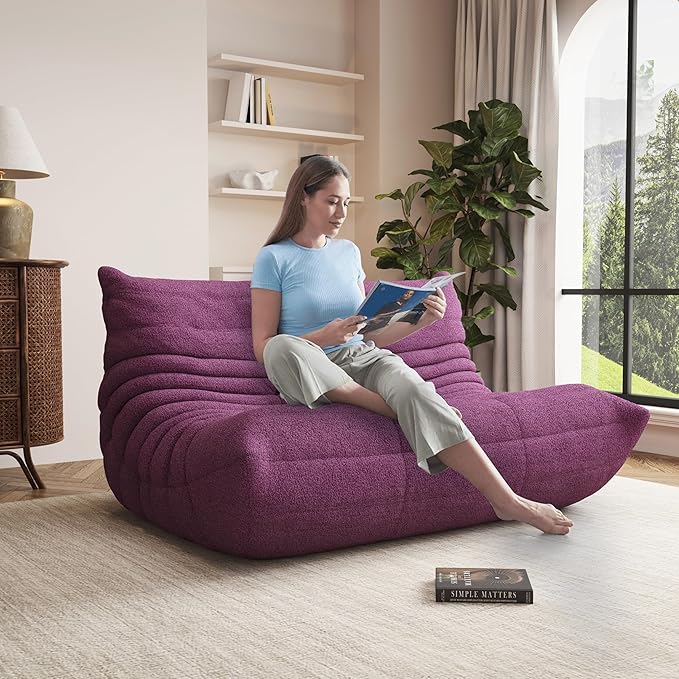 Bean Bag Chair, Oversized Loveseat Fireside Chair for Adults, 2 Seater with Memory Foam Filled, Lazy Sofa Lounge Floor Sofa for Living Room, Bedroom, Office, No Assembly Required. (Purple)